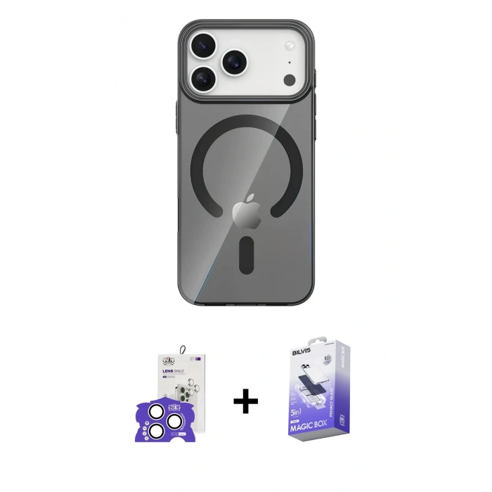 MARSİLYAN™- iPhone 17 Pro Max Kılıf Pusula Form Özel Seri - Siyah Bilvis 5in1 5D Magic Hayalet Cam Ekran Koruyucu + Bilvis Titan Kamera Lens - GS