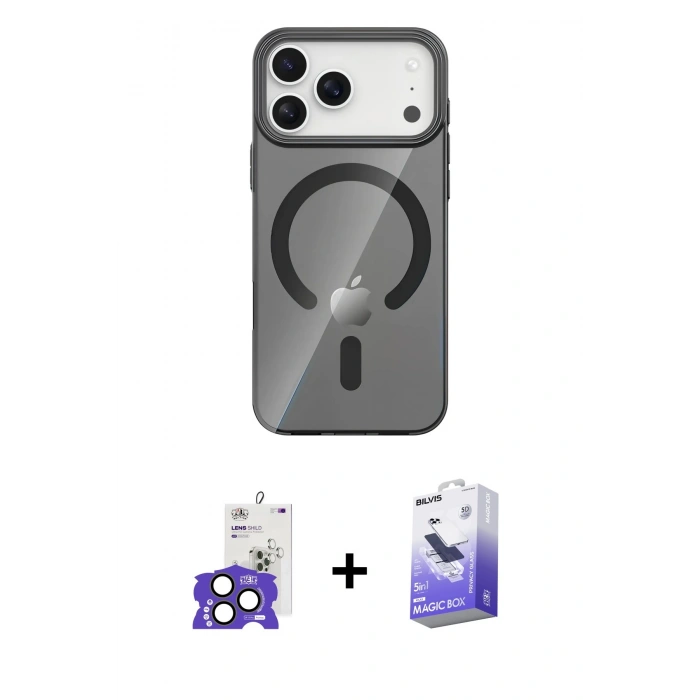 MARSİLYAN™- iPhone 17 Pro Max Kılıf Pusula Form Özel Seri - Siyah Bilvis 5in1 5D Magic Hayalet Cam Ekran Koruyucu + Natural Grey Bilvis Titan Kamera Lens
