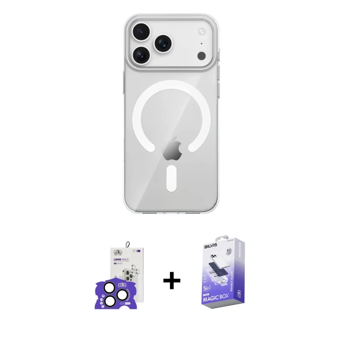 MARSİLYAN™- iPhone 17 Pro Max Kılıf Pusula Form Özel Seri - Siyah Bilvis 5in1 5D Magic Hayalet Cam Ekran Koruyucu + Natural Grey Bilvis Titan Kamera Lens
