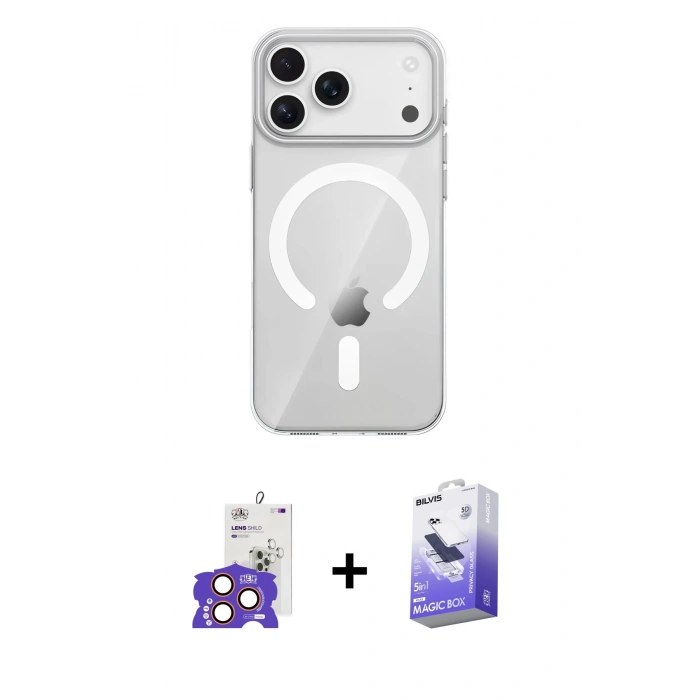 MARSİLYAN™- iPhone 17 Pro Max Kılıf Pusula Form Özel Seri - Siyah Bilvis 5in1 5D Magic Hayalet Cam Ekran Koruyucu + Bilvis Titan Kamera Lens - TU