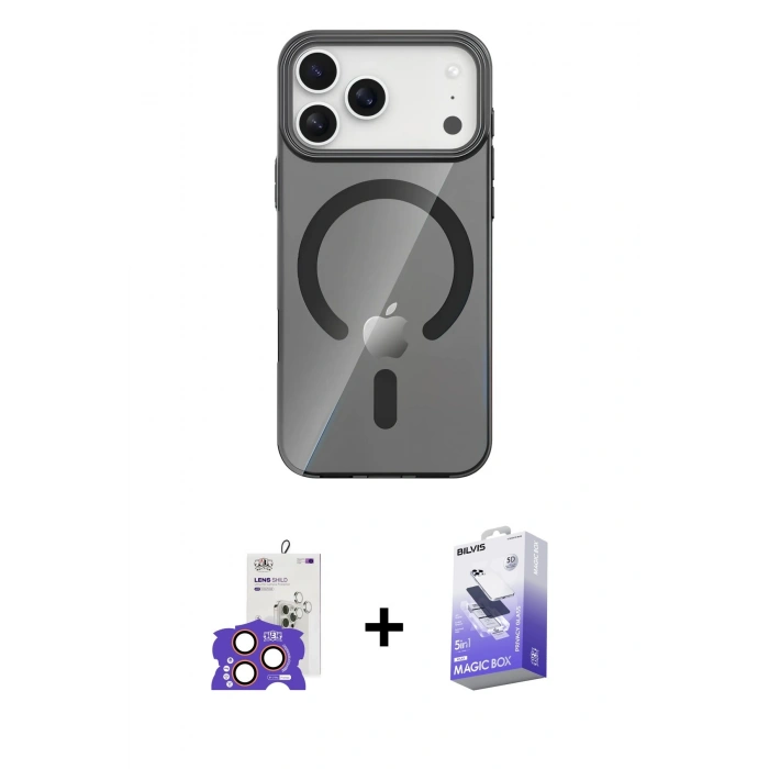 MARSİLYAN™- iPhone 17 Pro Max Kılıf Pusula Form Özel Seri - Siyah Bilvis 5in1 5D Magic Hayalet Cam Ekran Koruyucu + Bilvis Titan Kamera Lens - TU