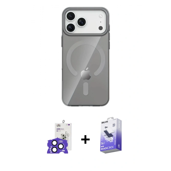 MARSİLYAN™- iPhone 17 Pro Max Kılıf Pusula Form Özel Seri - Siyah Bilvis 5in1 5D Magic Hayalet Cam Ekran Koruyucu + Bilvis Titan Kamera Lens - LT
