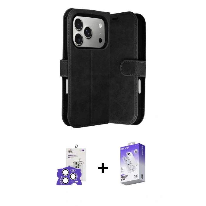 MARSİLYAN™- iPhone 17 Pro Max Kılıf Siluet Işık Serisi - Siyah Bilvis 5in1 3D Magic Cam Ekran Koruyucu + Bilvis Titan Kamera Lens - GS