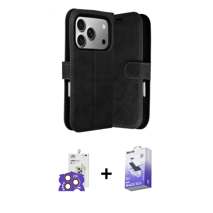 MARSİLYAN™- iPhone 17 Pro Max Kılıf Siluet Işık Serisi - Siyah Bilvis 5in1 5D Magic Hayalet Cam Ekran Koruyucu + Bilvis Titan Kamera Lens - TU