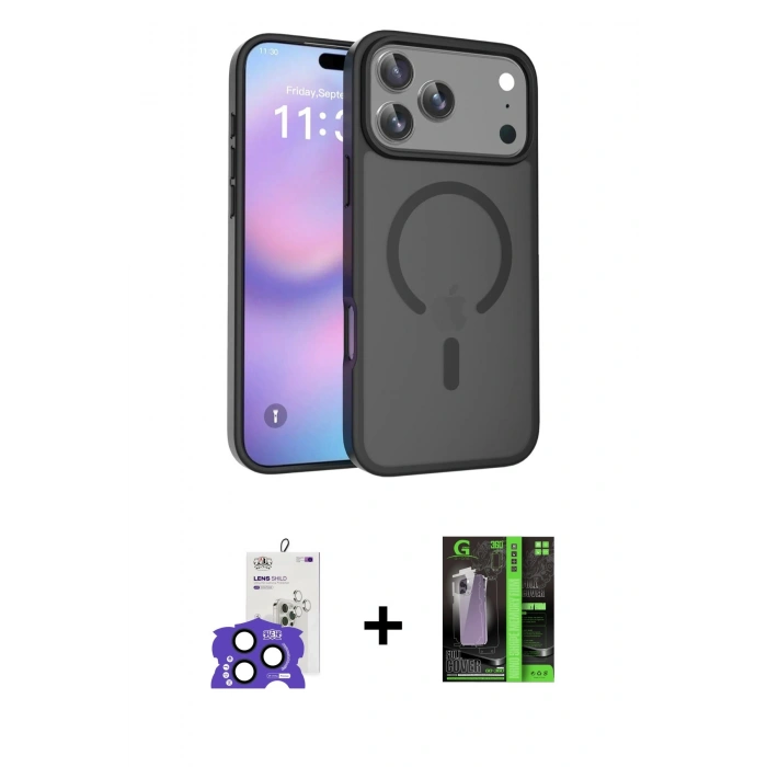 MARSİLYAN™- iPhone 17 Pro Max Kılıf Siluet Minimal Prime - Siyah 360 Mat Full Body Arka Koruyucu + Bilvis Titan Kamera Lens - LT