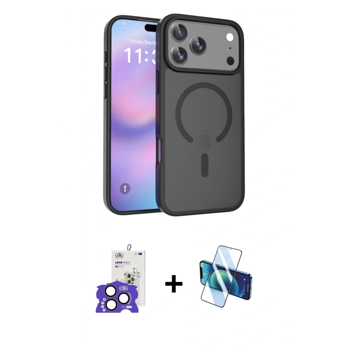 MARSİLYAN™- iPhone 17 Pro Max Kılıf Siluet Minimal Prime - Siyah 3D Antistatik Cam Ekran Koruyucu + Bilvis Titan Kamera Lens - NLGY