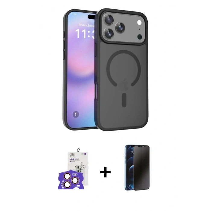 MARSİLYAN™- iPhone 17 Pro Max Kılıf Siluet Minimal Prime - Siyah 3D Antistatik Hayalet Cam Ekran Koruyucu + Bilvis Titan Kamera Lens - TU