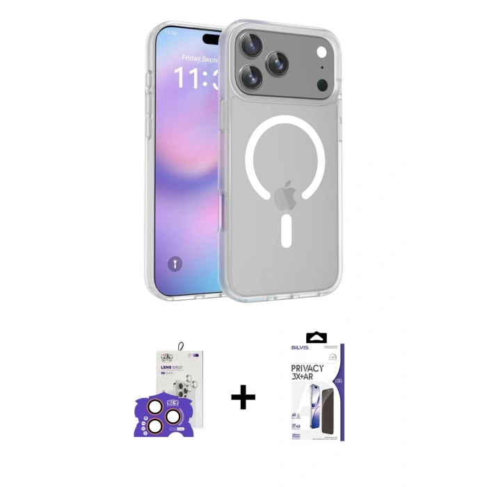 MARSİLYAN™- iPhone 17 Pro Max Kılıf Siluet Minimal Prime - Siyah Bilvis 3X AR Hayalet Cam Ekran Koruyucu + Bilvis Titan Kamera Lens - TU