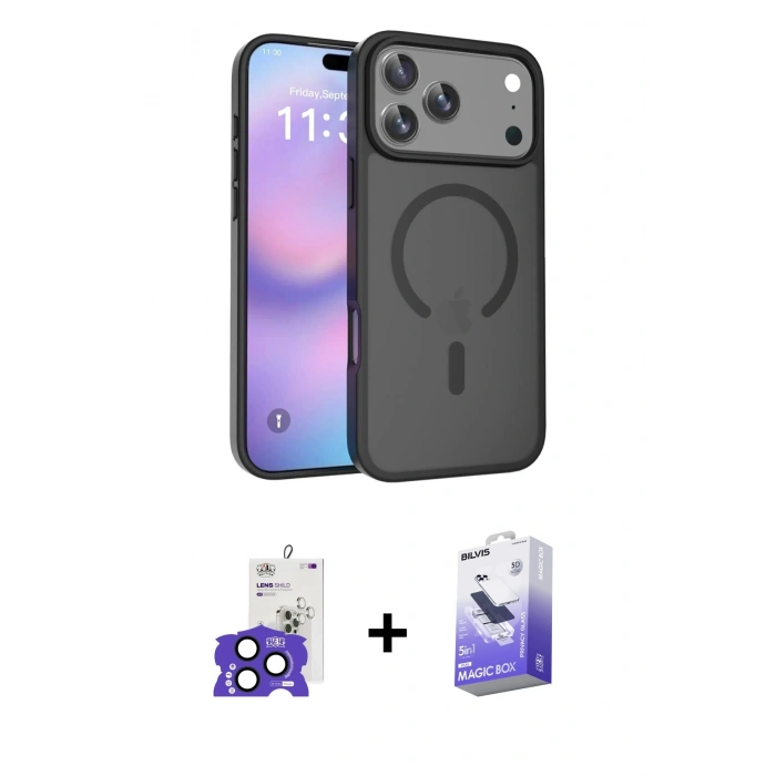 MARSİLYAN™- iPhone 17 Pro Max Kılıf Siluet Minimal Prime - Siyah Bilvis 5in1 5D Magic Hayalet Cam Ekran Koruyucu + Bilvis Titan Kamera Lens - LT