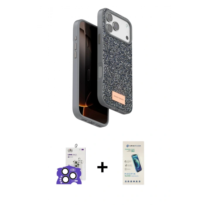 MARSİLYAN™- iPhone 17 Pro Max Kılıf Vadi Klasik Serisi - Şeffaf Pasifik Cam Ekran Koruyucu + Natural Grey Bilvis Titan Kamera Lens
