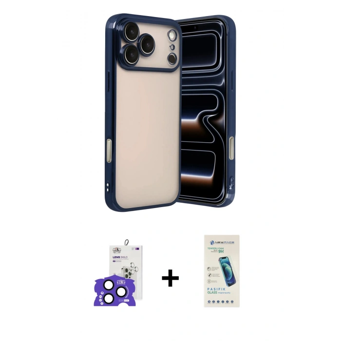 MARSİLYAN™- iPhone 17 Pro Max Kılıf Vadi Minimal - Şeffaf Pasifik Cam Ekran Koruyucu + Lacivert Bilvis Titan Kamera Lens