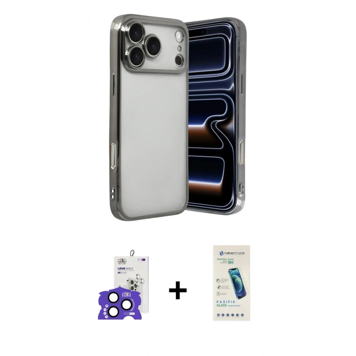 MARSİLYAN™- iPhone 17 Pro Max Kılıf Vadi Minimal - Şeffaf Pasifik Cam Ekran Koruyucu + Lacivert Bilvis Titan Kamera Lens