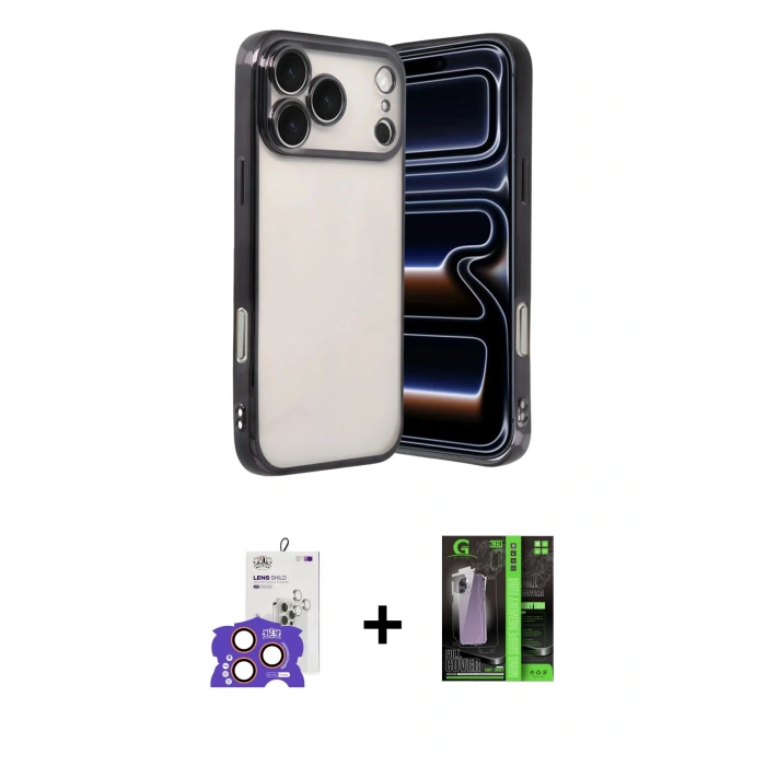 MARSİLYAN™- iPhone 17 Pro Max Kılıf Vadi Minimal - Siyah 360 Mat Full Body Arka Koruyucu + Bilvis Titan Kamera Lens - TU