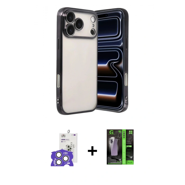 MARSİLYAN™- iPhone 17 Pro Max Kılıf Vadi Minimal - Siyah 360 Mat Full Body Arka Koruyucu + Bilvis Titan Kamera Lens - GS