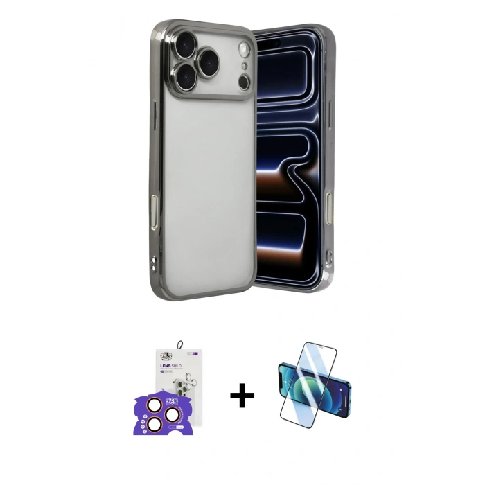 MARSİLYAN™- iPhone 17 Pro Max Kılıf Vadi Minimal - Siyah 3D Antistatik Cam Ekran Koruyucu + Bilvis Titan Kamera Lens - TU