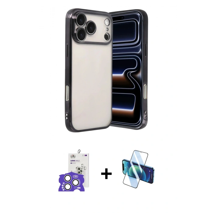 MARSİLYAN™- iPhone 17 Pro Max Kılıf Vadi Minimal - Siyah 3D Antistatik Cam Ekran Koruyucu + Bilvis Titan Kamera Lens - GS