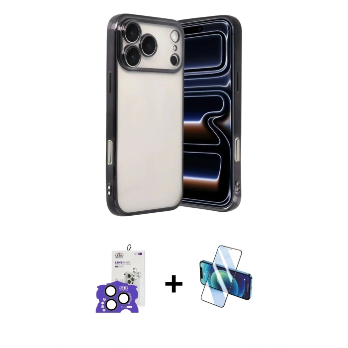 MARSİLYAN™- iPhone 17 Pro Max Kılıf Vadi Minimal - Siyah 3D Antistatik Cam Ekran Koruyucu + Bilvis Titan Kamera Lens - NLGY