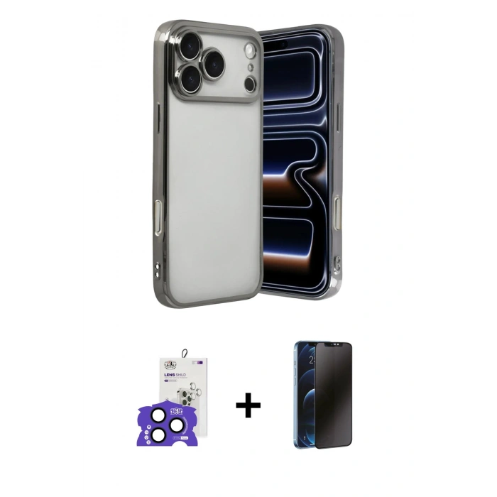 MARSİLYAN™- iPhone 17 Pro Max Kılıf Vadi Minimal - Siyah 3D Antistatik Hayalet Cam Ekran Koruyucu + Bilvis Titan Kamera Lens - LT