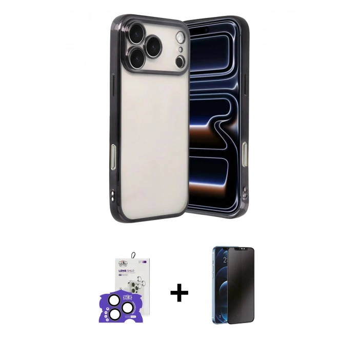 MARSİLYAN™- iPhone 17 Pro Max Kılıf Vadi Minimal - Siyah 3D Antistatik Hayalet Cam Ekran Koruyucu + Bilvis Titan Kamera Lens - NLGY