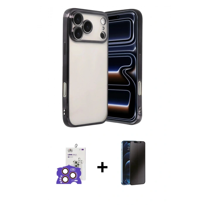 MARSİLYAN™- iPhone 17 Pro Max Kılıf Vadi Minimal - Siyah 3D Antistatik Hayalet Cam Ekran Koruyucu + Bilvis Titan Kamera Lens - TU