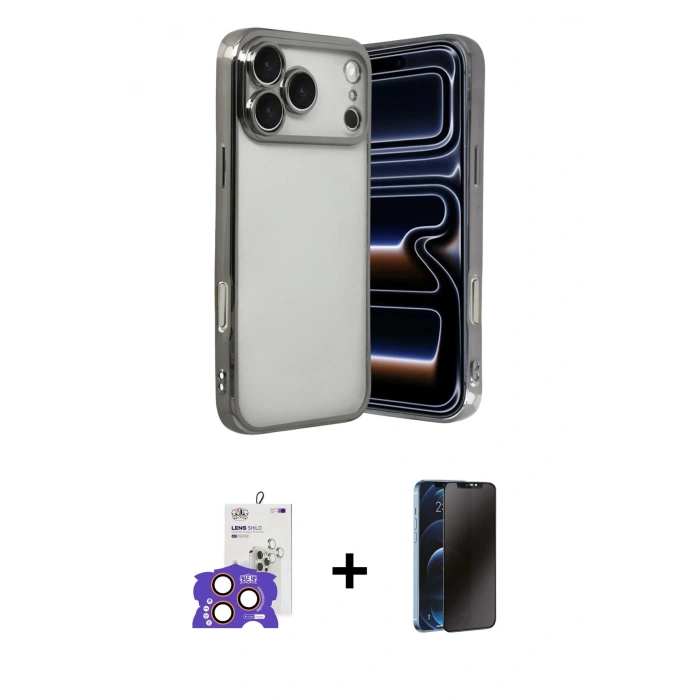MARSİLYAN™- iPhone 17 Pro Max Kılıf Vadi Minimal - Siyah 3D Antistatik Hayalet Cam Ekran Koruyucu + Bilvis Titan Kamera Lens - TU