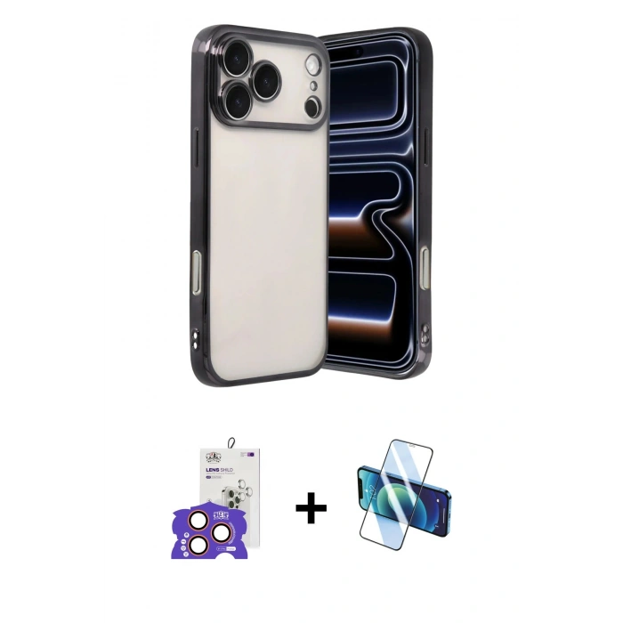 MARSİLYAN™- iPhone 17 Pro Max Kılıf Vadi Minimal - Siyah 3D Antistatik Seramik Nano Ekran Koruyucu + Bilvis Titan Kamera Lens - TU