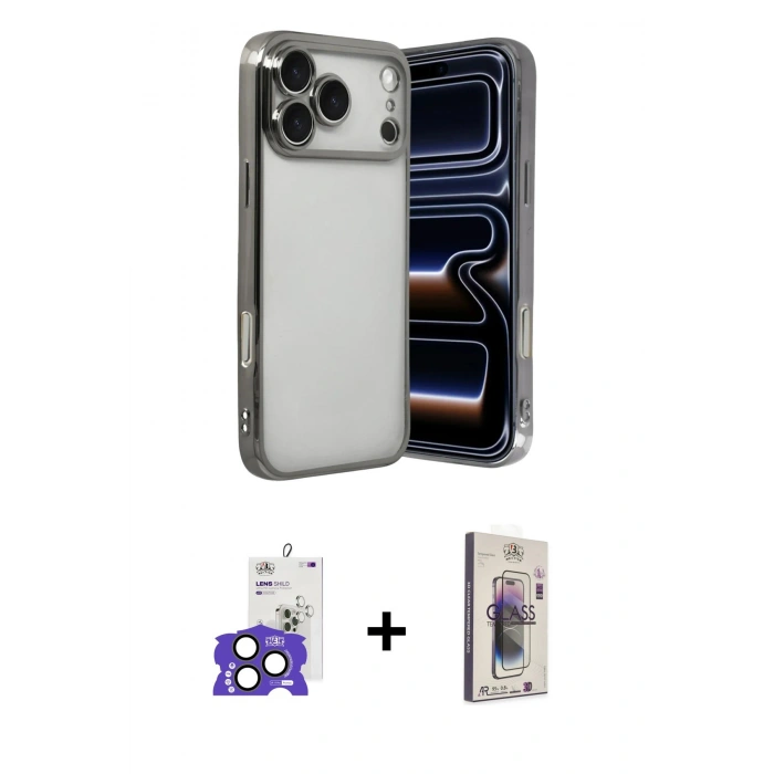 MARSİLYAN™- iPhone 17 Pro Max Kılıf Vadi Minimal - Siyah Bilvis 3D Cam Ekran Koruyucu + Bilvis Titan Kamera Lens - NLGY