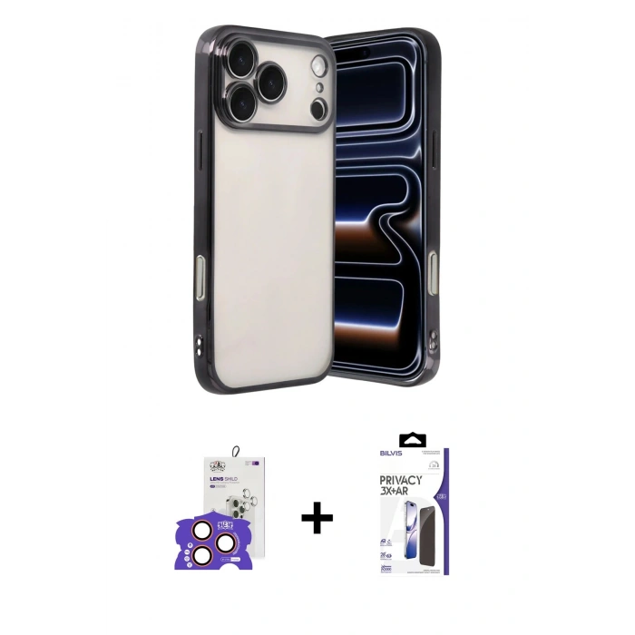 MARSİLYAN™- iPhone 17 Pro Max Kılıf Vadi Minimal - Siyah Bilvis 3X AR Hayalet Cam Ekran Koruyucu + Bilvis Titan Kamera Lens - TU