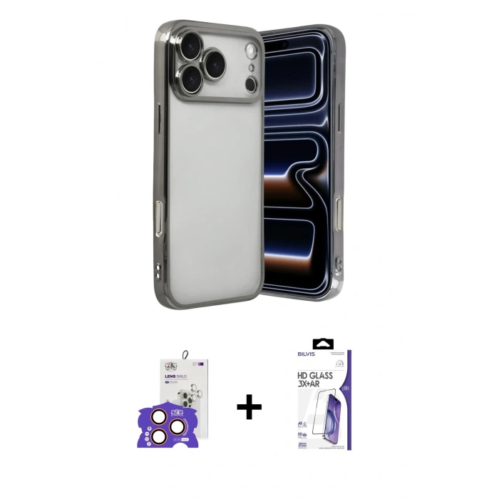 MARSİLYAN™- iPhone 17 Pro Max Kılıf Vadi Minimal - Siyah Bilvis 3X AR HD Cam Ekran Koruyucu + Bilvis Titan Kamera Lens - TU