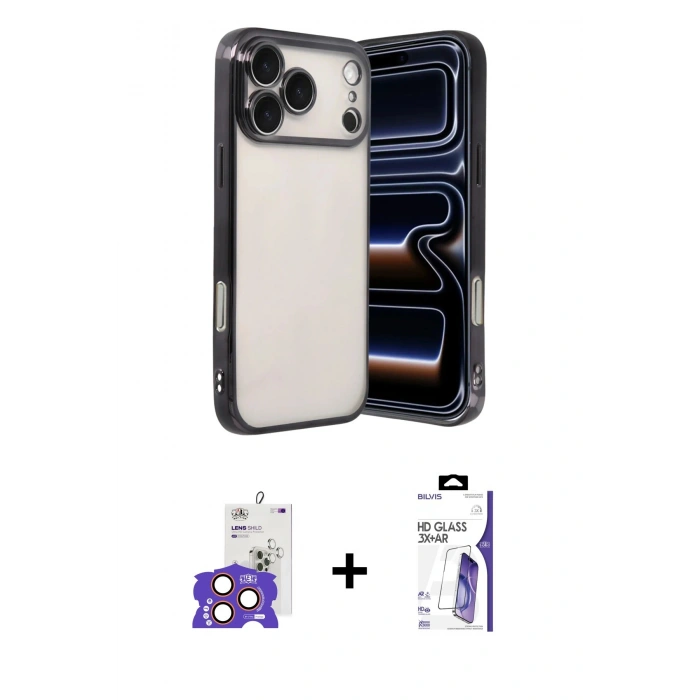 MARSİLYAN™- iPhone 17 Pro Max Kılıf Vadi Minimal - Siyah Bilvis 3X AR HD Cam Ekran Koruyucu + Bilvis Titan Kamera Lens - TU