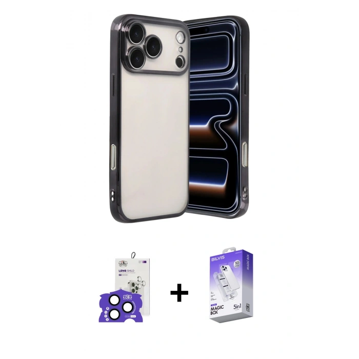MARSİLYAN™- iPhone 17 Pro Max Kılıf Vadi Minimal - Siyah Bilvis 5in1 3D Magic Cam Ekran Koruyucu + Bilvis Titan Kamera Lens - LT