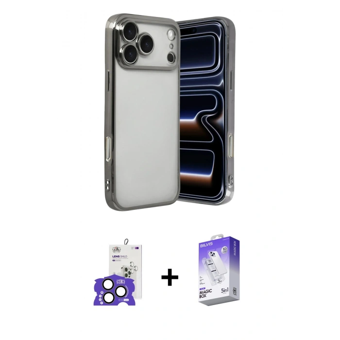 MARSİLYAN™- iPhone 17 Pro Max Kılıf Vadi Minimal - Siyah Bilvis 5in1 3D Magic Cam Ekran Koruyucu + Natural Grey Bilvis Titan Kamera Lens