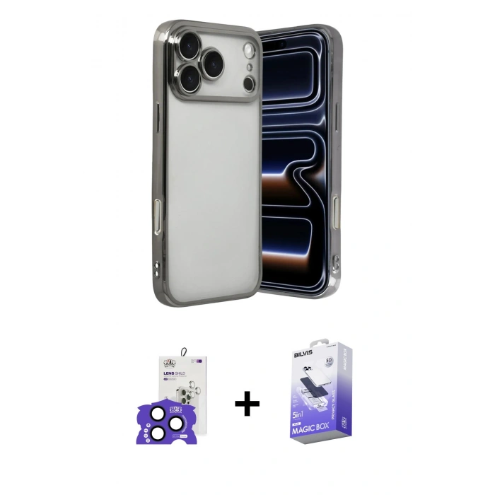 MARSİLYAN™- iPhone 17 Pro Max Kılıf Vadi Minimal - Siyah Bilvis 5in1 5D Magic Hayalet Cam Ekran Koruyucu + Lacivert Bilvis Titan Kamera Lens