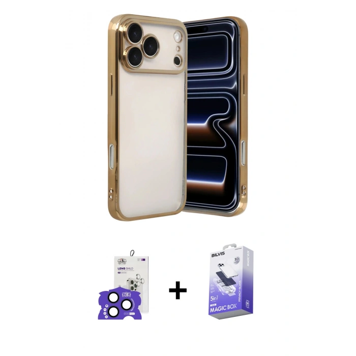 MARSİLYAN™- iPhone 17 Pro Max Kılıf Vadi Minimal - Siyah Bilvis 5in1 5D Magic Hayalet Cam Ekran Koruyucu + Lacivert Bilvis Titan Kamera Lens