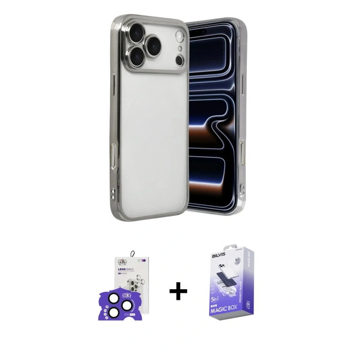 MARSİLYAN™- iPhone 17 Pro Max Kılıf Vadi Minimal - Siyah Bilvis 5in1 5D Magic Hayalet Cam Ekran Koruyucu + Lacivert Bilvis Titan Kamera Lens