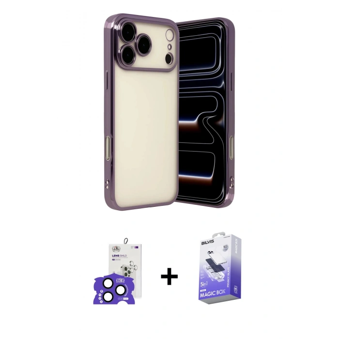 MARSİLYAN™- iPhone 17 Pro Max Kılıf Vadi Minimal - Siyah Bilvis 5in1 5D Magic Hayalet Cam Ekran Koruyucu + Lacivert Bilvis Titan Kamera Lens