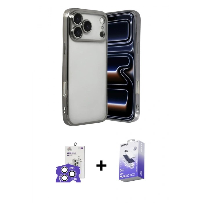 MARSİLYAN™- iPhone 17 Pro Max Kılıf Vadi Minimal - Siyah Bilvis 5in1 5D Magic Hayalet Cam Ekran Koruyucu + Bilvis Titan Kamera Lens - GS