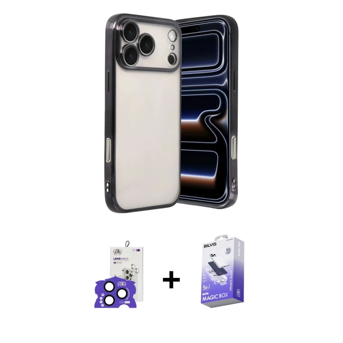 MARSİLYAN™- iPhone 17 Pro Max Kılıf Vadi Minimal - Siyah Bilvis 5in1 5D Magic Hayalet Cam Ekran Koruyucu + Lacivert Bilvis Titan Kamera Lens