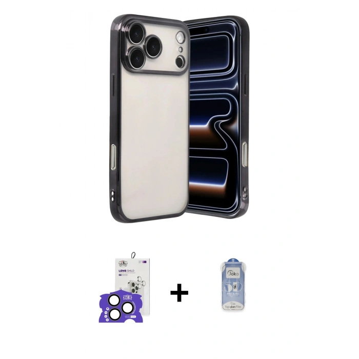 MARSİLYAN™- iPhone 17 Pro Max Kılıf Vadi Minimal - Siyah Joko Magic 5D Cam + Natural Grey Bilvis Titan Kamera Lens