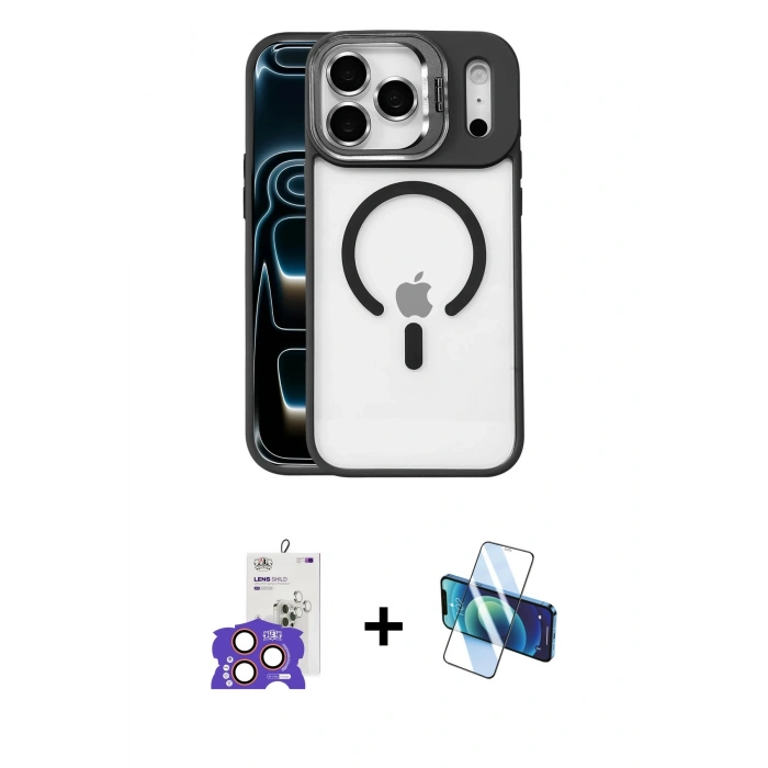 MARSİLYAN™- iPhone 17 Pro Max Kılıf Yadigar Asil Koleksiyonu - Siyah 3D Antistatik Cam Ekran Koruyucu + Bilvis Titan Kamera Lens - TU