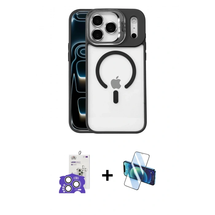 MARSİLYAN™- iPhone 17 Pro Max Kılıf Yadigar Asil Koleksiyonu - Siyah 3D Antistatik Cam Ekran Koruyucu + Bilvis Titan Kamera Lens - GS