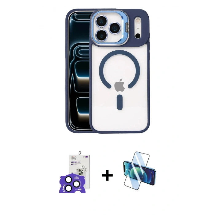 MARSİLYAN™- iPhone 17 Pro Max Kılıf Yadigar Asil Koleksiyonu - Siyah 3D Antistatik Seramik Nano Ekran Koruyucu + Lacivert Bilvis Titan Kamera Lens