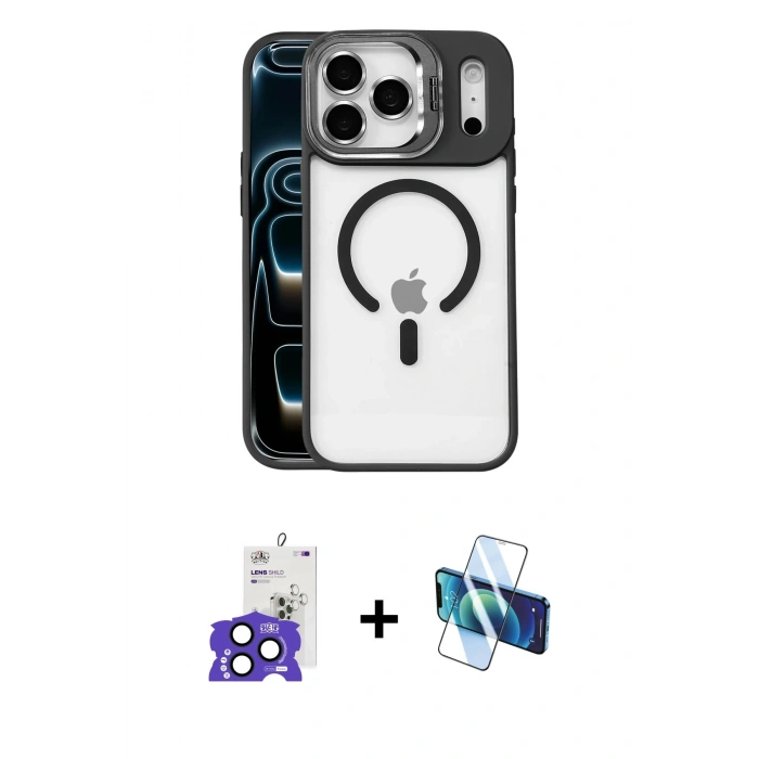 MARSİLYAN™- iPhone 17 Pro Max Kılıf Yadigar Asil Koleksiyonu - Siyah 3D Antistatik Seramik Nano Ekran Koruyucu + Lacivert Bilvis Titan Kamera Lens