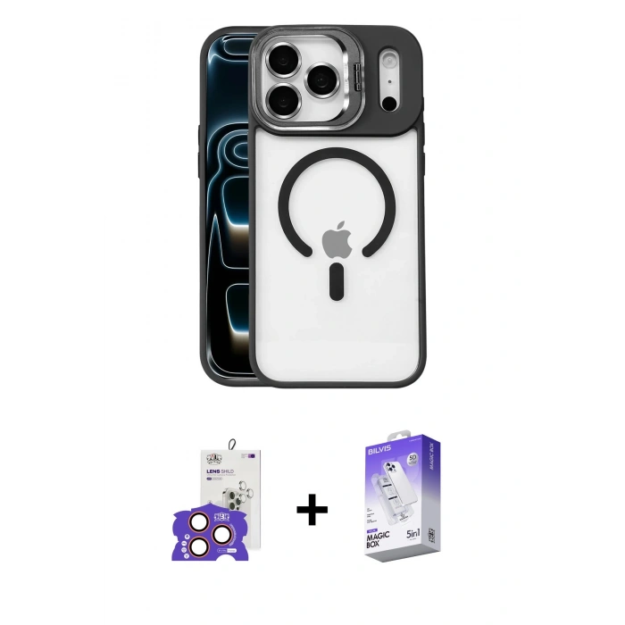 MARSİLYAN™- iPhone 17 Pro Max Kılıf Yadigar Asil Koleksiyonu - Siyah Bilvis 5in1 3D Magic Cam Ekran Koruyucu + Bilvis Titan Kamera Lens - TU
