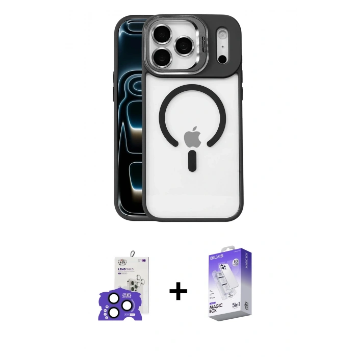 MARSİLYAN™- iPhone 17 Pro Max Kılıf Yadigar Asil Koleksiyonu - Siyah Bilvis 5in1 3D Magic Cam Ekran Koruyucu + Lacivert Bilvis Titan Kamera Lens