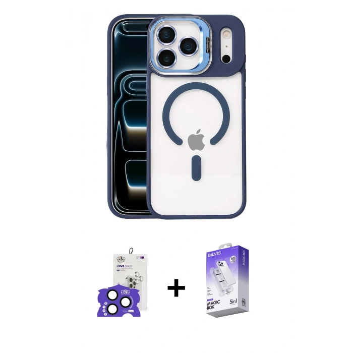 MARSİLYAN™- iPhone 17 Pro Max Kılıf Yadigar Asil Koleksiyonu - Siyah Bilvis 5in1 3D Magic Cam Ekran Koruyucu + Lacivert Bilvis Titan Kamera Lens