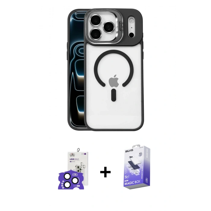 MARSİLYAN™- iPhone 17 Pro Max Kılıf Yadigar Asil Koleksiyonu - Siyah Bilvis 5in1 5D Magic Hayalet Cam Ekran Koruyucu + Lacivert Bilvis Titan Kamera Lens