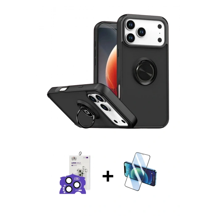 MARSİLYAN™- iPhone 17 Pro Max Kılıf Yörünge Çizgi - Siyah 3D Antistatik Cam Ekran Koruyucu + Bilvis Titan Kamera Lens - LT