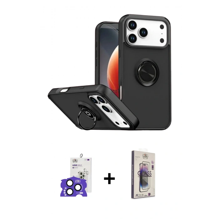 MARSİLYAN™- iPhone 17 Pro Max Kılıf Yörünge Çizgi - Siyah Bilvis 3D Cam Ekran Koruyucu + Bilvis Titan Kamera Lens - LT
