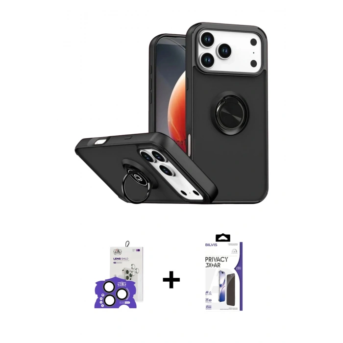 MARSİLYAN™- iPhone 17 Pro Max Kılıf Yörünge Çizgi - Siyah Bilvis 3X AR Hayalet Cam Ekran Koruyucu + Bilvis Titan Kamera Lens - NLGY